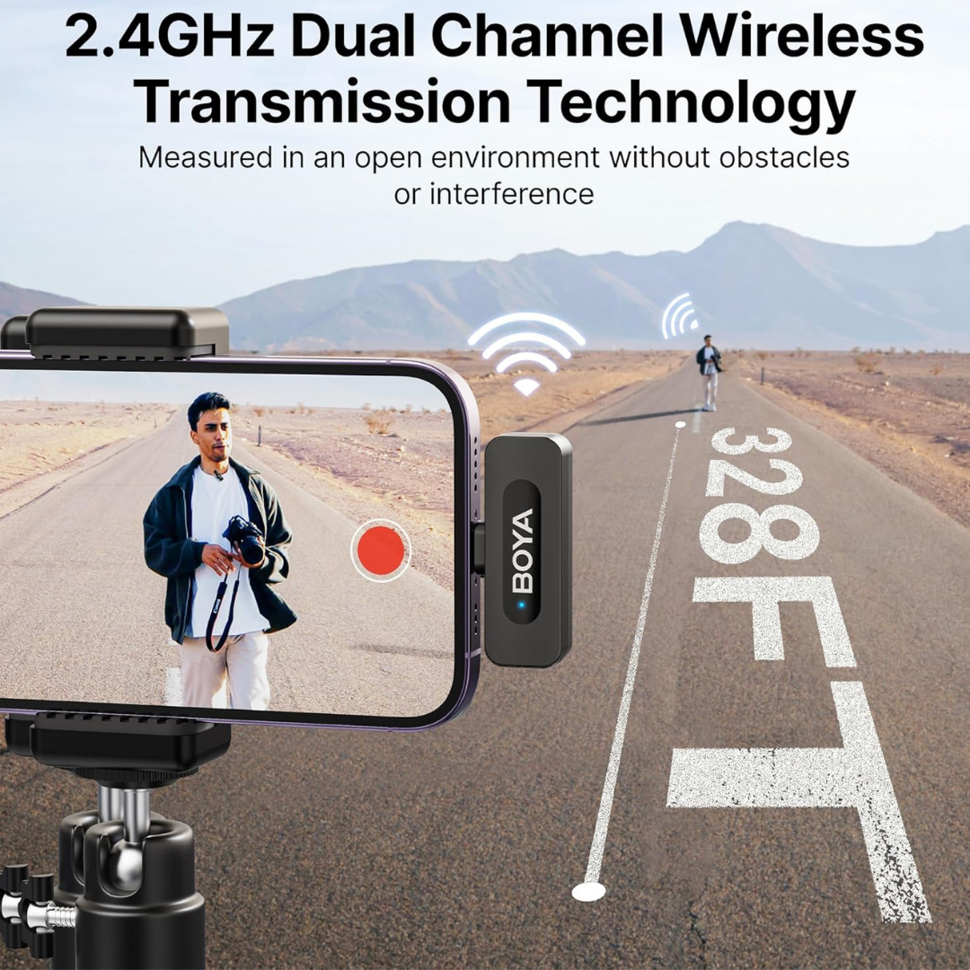 Buy now BOYA BY-V2 lightning wireless lav mic offering 328ft range and high SNR for professional audio