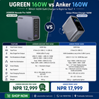 A promotional comparison chart for UGREEN 160W vs Anker 160W GaN chargers, showing product feature tables and front/back views of the chargers on a dark teal background with green and white text blocks.