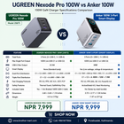 A promotional comparison chart for the UGREEN Nexode Pro 100W vs Anker 100W GaN charger. The graphic shows two product renderings side by side with a detailed feature comparison table below, pricing at the bottom, and website/contact details.