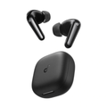 Black wireless earbuds with charging case on a white background