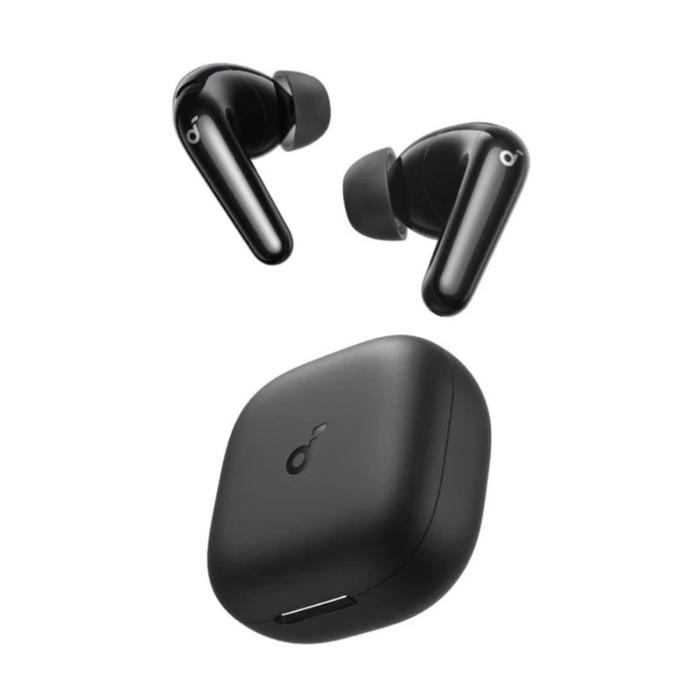 Black wireless earbuds with charging case on a white background