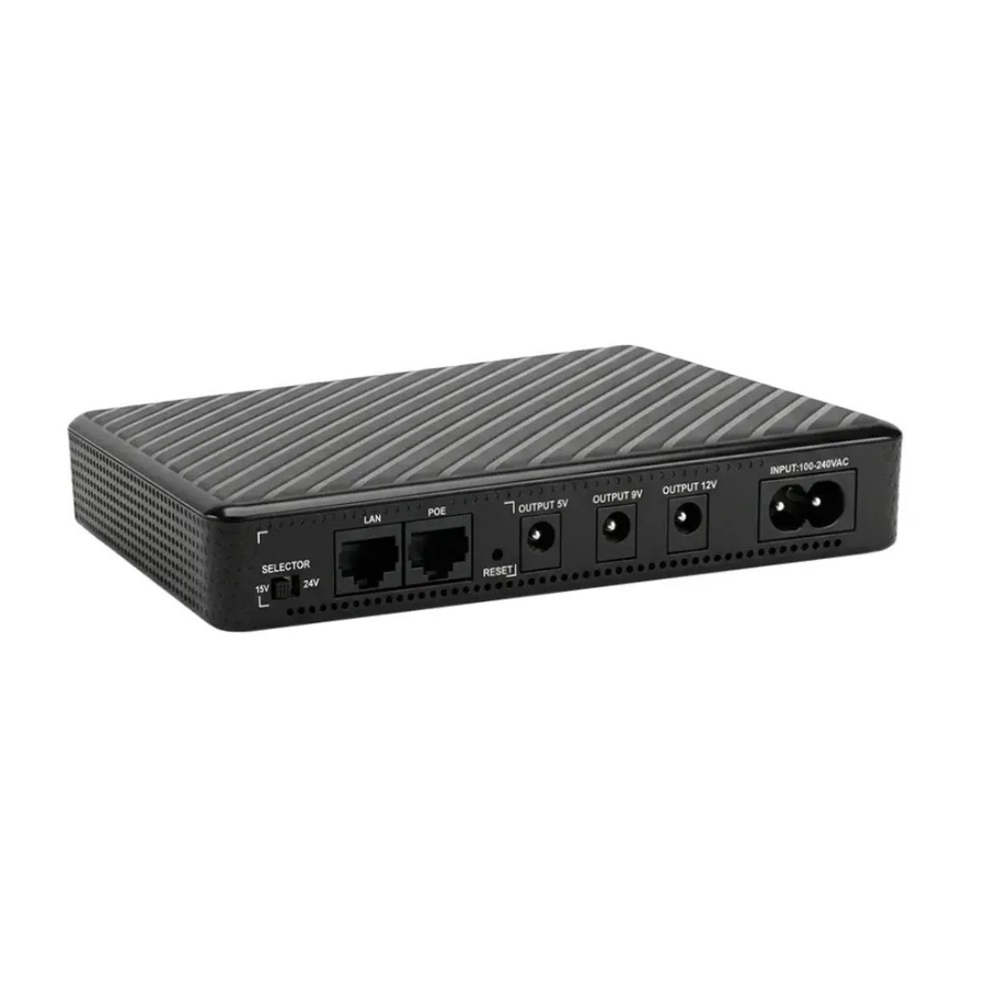Black SKE POE-432N DC UPS showing LED battery indicators and power ports
