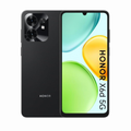 Black Honor X6d 5G smartphone shown from the back and front, with a triple-camera module on the back and a colorful screen display on the front, set against a plain white background.