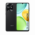 Black Honor X6d 5G smartphone shown from the back and front, with a triple-camera module on the back and a colorful screen display on the front, set against a plain white background.