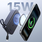 A 15W wireless phone charger shown with a smartphone displaying a green charging icon. The charger is dark gray with a blue circular light indicator and a USB-C cable attached, set against a light gray gradient background with '15W' text.