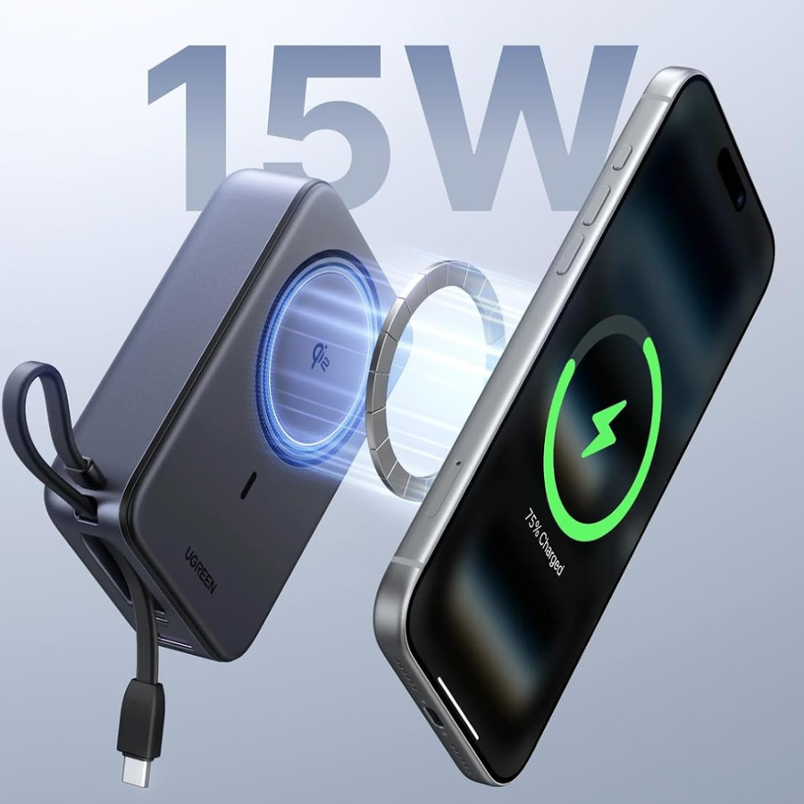 A 15W wireless phone charger shown with a smartphone displaying a green charging icon. The charger is dark gray with a blue circular light indicator and a USB-C cable attached, set against a light gray gradient background with '15W' text.