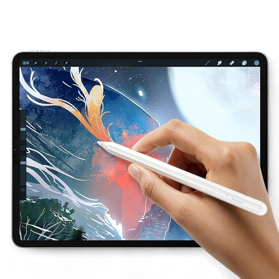 A hand holding a white stylus pen and drawing on the screen of a tablet, shown against a clean white background.