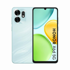 Honor X6d 5G smartphone shown from the back and front on a white background. The phone has a light icy blue back panel with a dual-camera cutout and the Honor logo near the bottom.