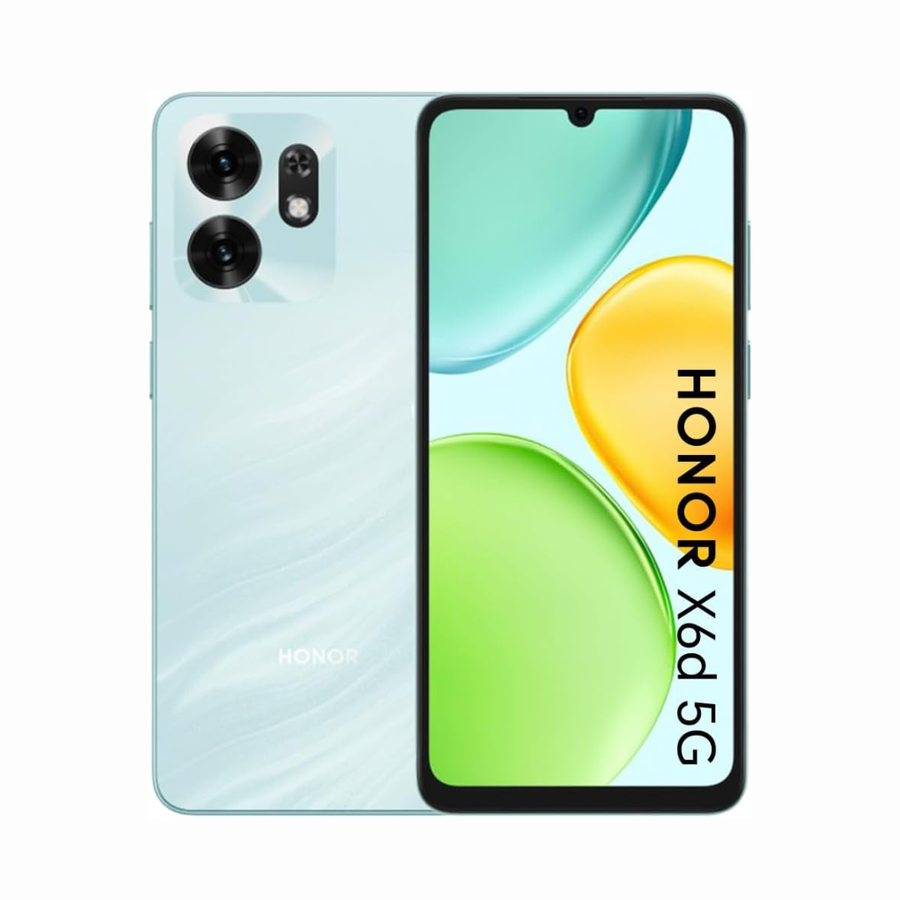 Honor X6d 5G smartphone shown from the back and front on a white background. The phone has a light icy blue back panel with a dual-camera cutout and the Honor logo near the bottom.