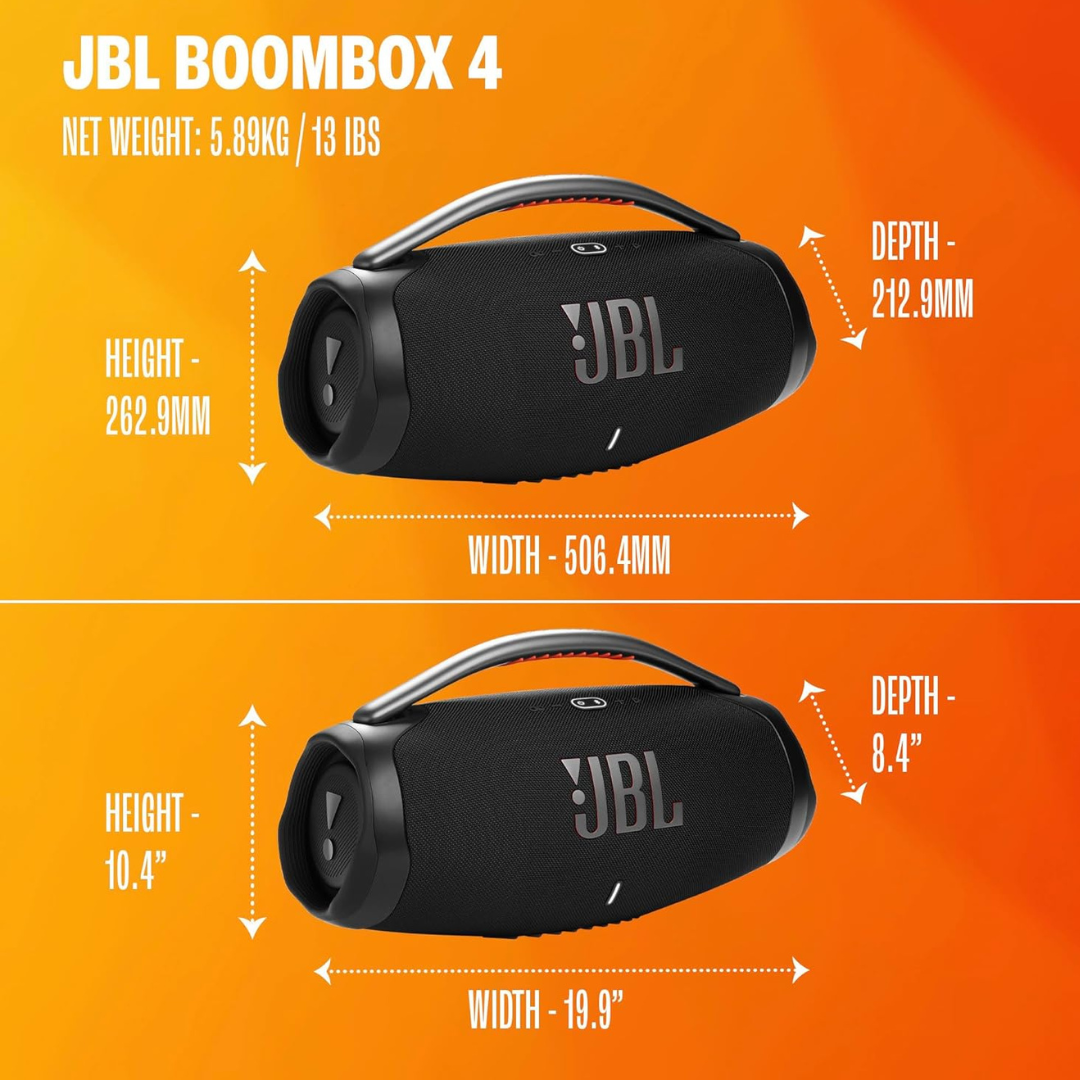 Buy JBL Boombox 4 black Bluetooth speaker for outdoor parties, backyard gatherings, and travel with 34 hours continuous playtime.