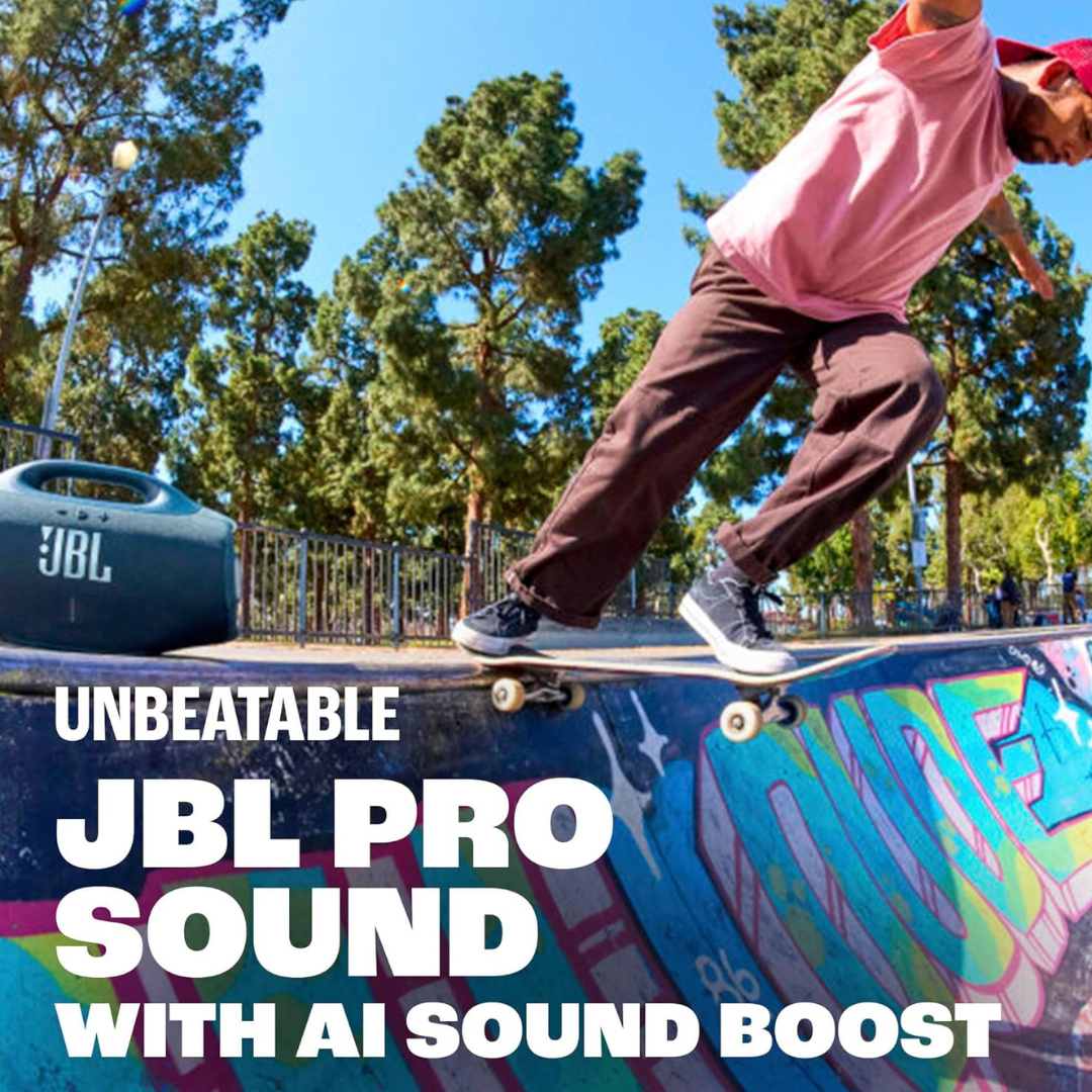 Buy now the JBL Boombox 4 IP68 waterproof and dustproof speaker with massive Pro Sound and dual bass settings for ultimate music control.