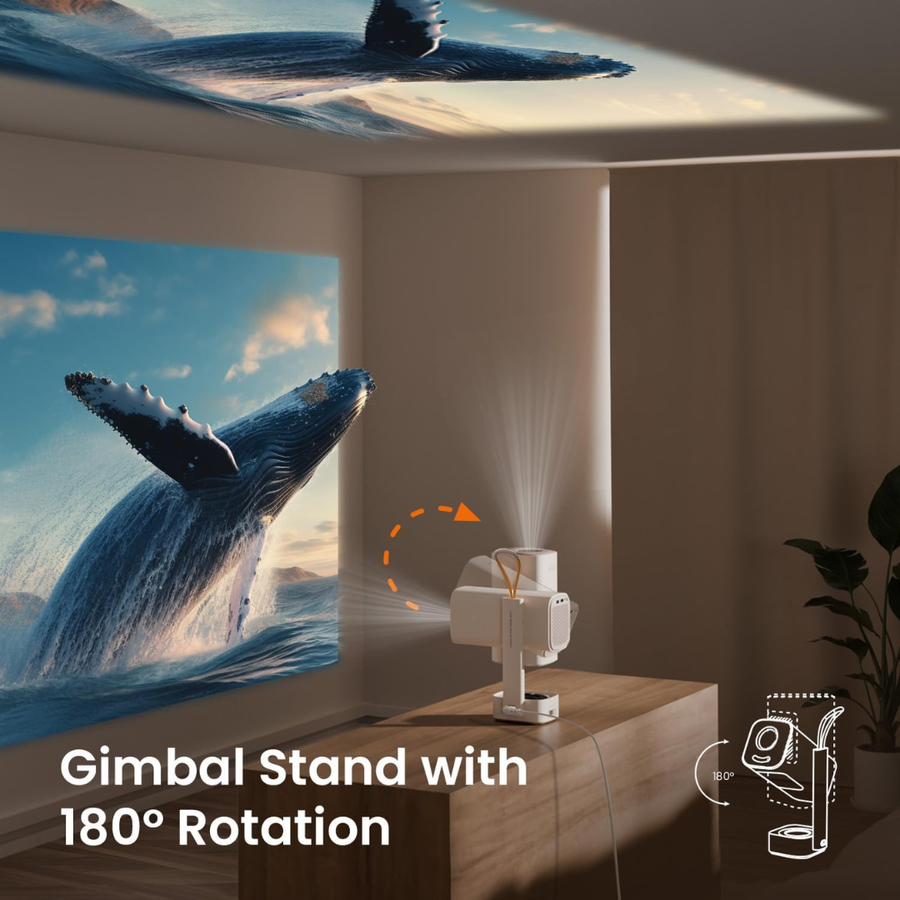 Projector displaying a whale image with a gimbal stand on a table.