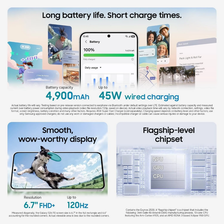 Shop Now Samsung Galaxy S26 FE 5G Nepal with 1900 nits peak brightness and 120Hz refresh rate