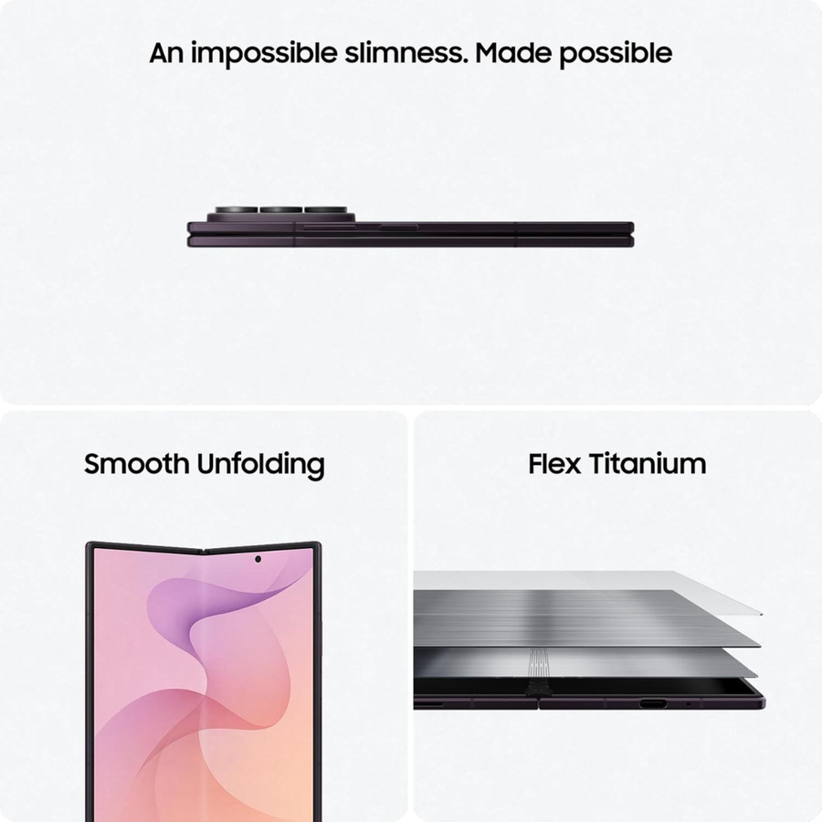 Promotional graphic for a slim foldable smartphone, showing the device folded flat with text reading 'An impossible slimness. Made possible,' plus a front view labeled 'Smooth Unfolding' and a layered panel view labeled 'Flex Titanium.