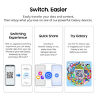 Promotional infographic for switching to a Galaxy device, with three white panels on a light gray background. The headings read 'Switch.
