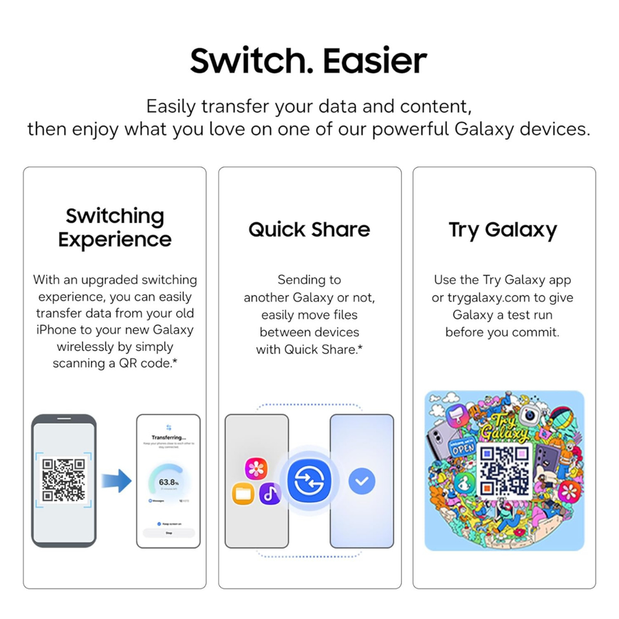 Promotional infographic for switching to a Galaxy device, with three white panels on a light gray background. The headings read 'Switch.
