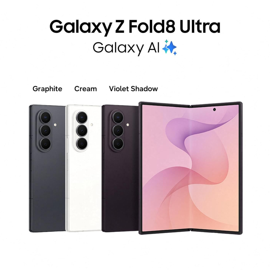 Samsung Galaxy Z Fold8 Ultra foldable smartphone shown in three color variants: Graphite, Cream, and Violet Shadow. The left side shows the back views of the device in these three colors, while the right side shows the device folded open with a pink and purple abstract wallpaper on its screen.