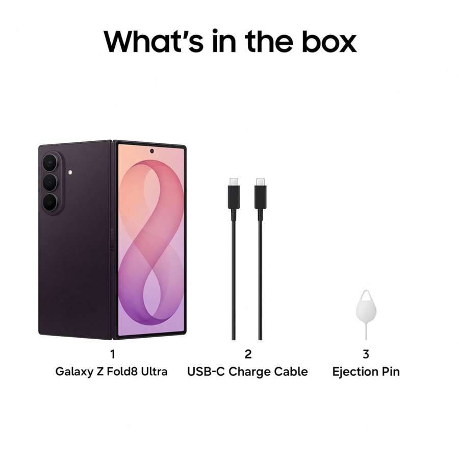 Samsung Galaxy Z Fold8 Ultra box contents on a white background, labeled 'What's in the box' with three items: the folded phone, a USB-C charge cable, and an ejection pin. The phone is shown in dark purple/black with a pink and purple wallpaper.
