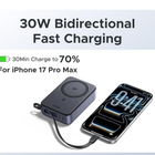 A 30W bidirectional fast charging adapter shown connected to a smartphone on a white background, with promotional text stating '30W Bidirectional Fast Charging' and '30Min Charge to 70% For iPhone 17 Pro Max'.