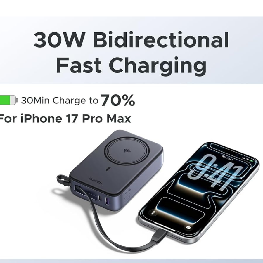 A 30W bidirectional fast charging adapter shown connected to a smartphone on a white background, with promotional text stating '30W Bidirectional Fast Charging' and '30Min Charge to 70% For iPhone 17 Pro Max'.
