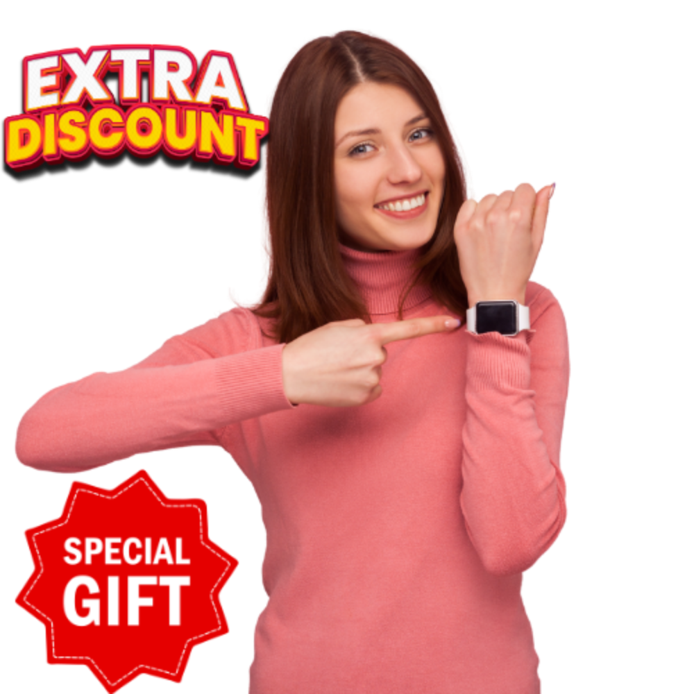 Woman wearing a smartwatch with promotional text 'Extra Discount' and 'Special Gift' on a white background
