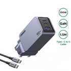 UGREEN 100W GaN Type-C wall charger with a dual USB-C output port and a braided USB-C to USB-C cable, shown on a white background with green circular feature badges.