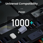 A promotional graphic for a universal 1000W power adapter. The central product is a compact gray USB-C power brick with a white plug, surrounded by various smartphones, earbuds in a charging case, and other electronic accessories on a dark background.