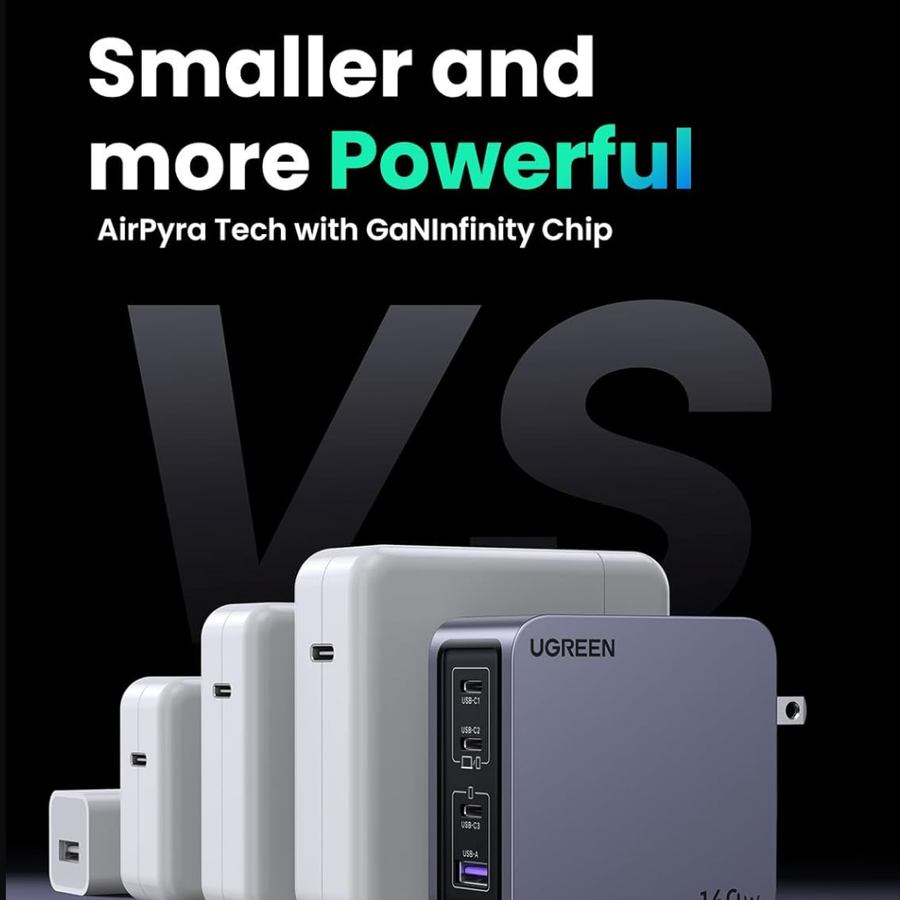 UGREEN power bank set in a promotional graphic with text reading 'Smaller and more Powerful' and 'AirPyra Tech with GaNInfinity Chip.' The image shows several white power banks alongside one larger gray UGREEN unit in the foreground, on a black background with large faded 'VS' lettering.