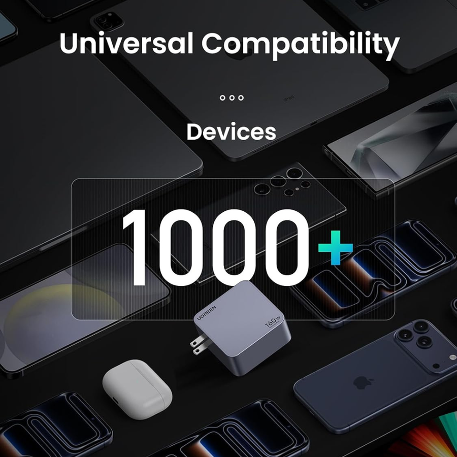 A promotional graphic showing a gray 15W USB wall charger among several smartphones and a white earbud case on a dark background, with large overlaid text reading 'Universal Compatibility', 'Devices', and '1000+'.