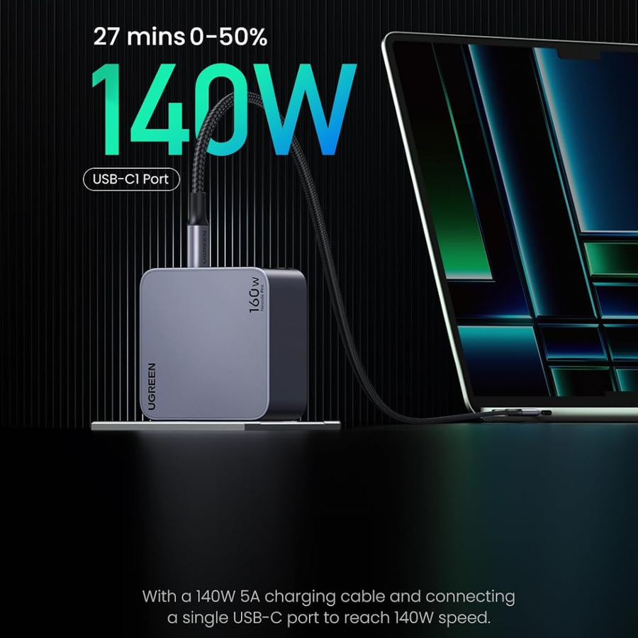 Logitech 140W USB-C laptop charger shown charging a laptop on a dark background with promotional text highlighting 140W speed and 27 mins of charging.