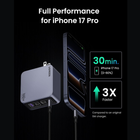 A 169W LONESTAR wireless charger shown next to a smartphone on a black background, with promotional text reading 'Full Performance for iPhone 17 Pro' and feature callouts about charging speed.