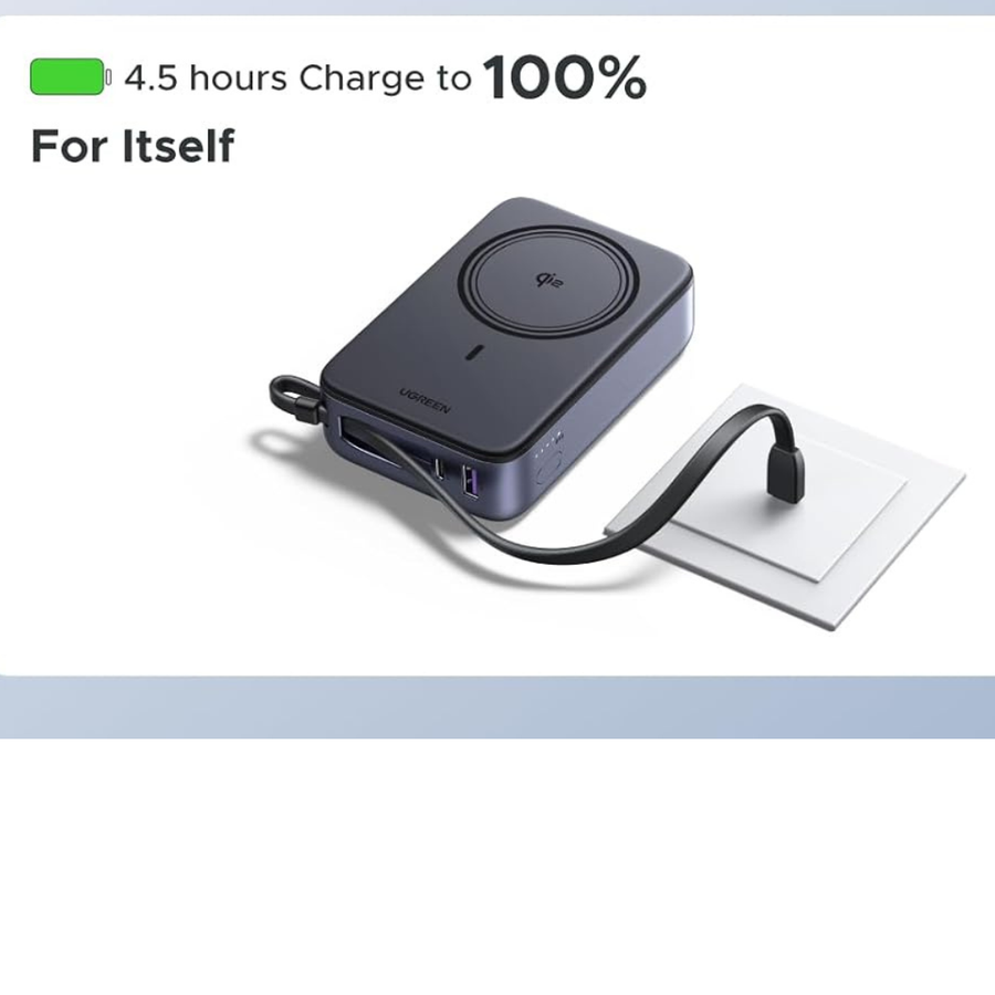 A Vaporesso wireless charger device in dark gray, shown with its charging cable connected to a white wall outlet. Text at the top reads '4.