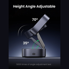 Adjustable camera-style head on a round base with text reading 'Height Angle Adjustable' and angle markings of 70° and 35°, shown on a dark studio background.