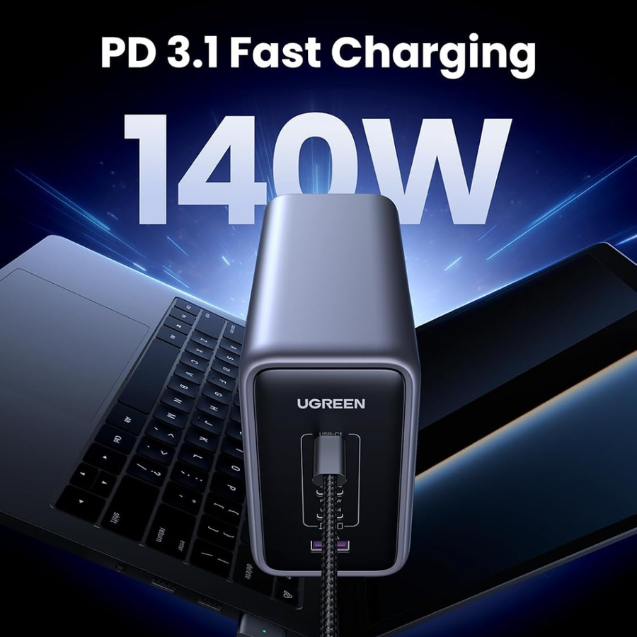 UGREEN 140W PD 3.1 fast charging adapter shown in front of a laptop and phone, with large text reading 'PD 3.