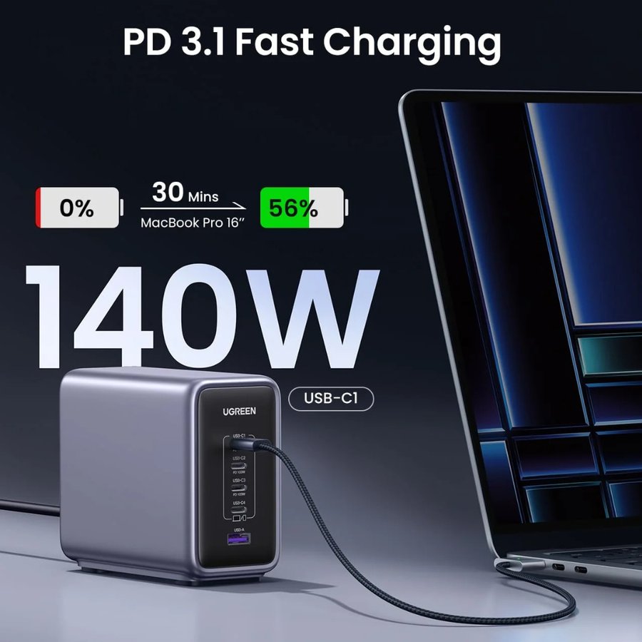 A 140W USB-C PD 3.1 fast charging power adapter shown next to a laptop on a dark studio background, with text highlighting fast charging and battery percentage.