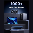 A promotional product render showing a portable power station with a smartphone and tablet plugged in on dark pedestals, with large text reading '1000+ Unlimited devices' above. The power station is branded UGREEN and appears silver and black.