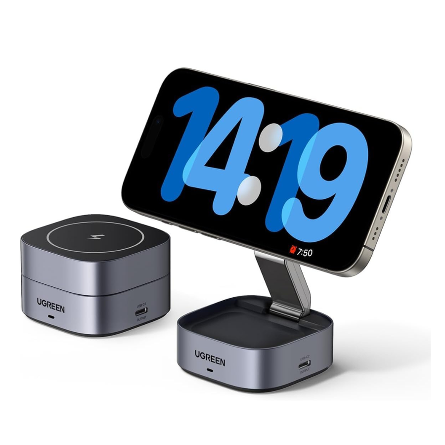 UGREEN wireless charging stand and dock shown with a smartphone on a charging base, alongside a smaller cylindrical wireless charging pad, on a clean white background.