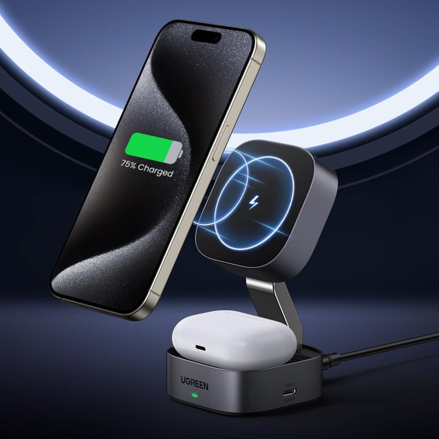 UGREEN wireless charging stand with a smartphone floating above it and white AirPods in a charging case on the base, shown on a dark blue studio background with glowing circular light effects.