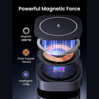 A promotional technical graphic showing a wireless charging device with an exploded view of its internal components. The top lid features a white magnetic resonance symbol, and the layers reveal copper coils, a blue glowing magnetic field, and an intelligent chip.
