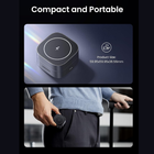 Promotional graphic for a compact square wireless charging device. The top panel shows the black charging puck with a white charging symbol on top and text listing product size.