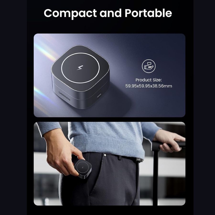 Promotional graphic for a compact square wireless charging device. The top panel shows the black charging puck with a white charging symbol on top and text listing product size.