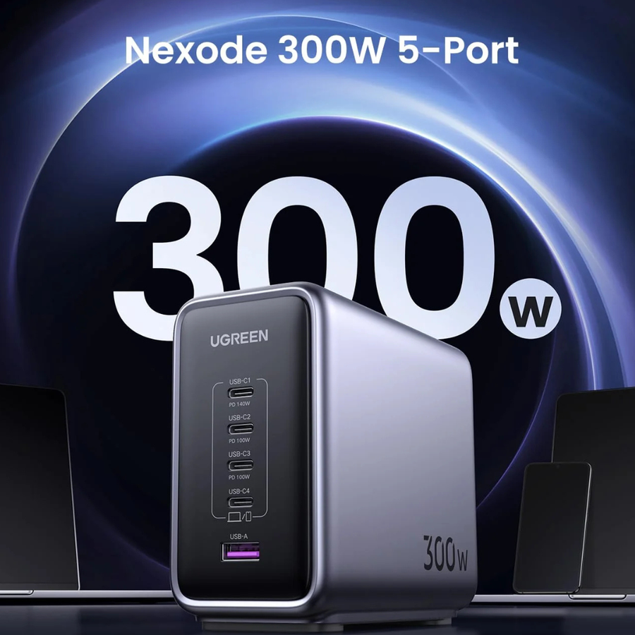 UGREEN Nexode 300W 5-port power bank in a sleek metallic silver and black design, set against a dark blue circular graphic background with '300W' and 'Nexode 300W 5-Port' text.