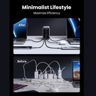 A promotional comparison graphic for a portable power strip. The top panel shows the product in use with laptops, a mouse, and other accessories on a desk under the heading 'Minimalist Lifestyle' and subheading 'Maximize Efficiency,' labeled 'After.