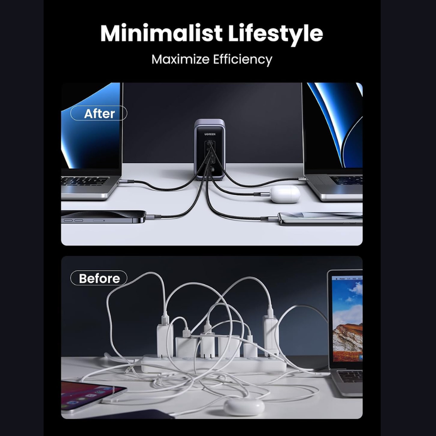 A promotional comparison graphic for a portable power strip. The top panel shows the product in use with laptops, a mouse, and other accessories on a desk under the heading 'Minimalist Lifestyle' and subheading 'Maximize Efficiency,' labeled 'After.