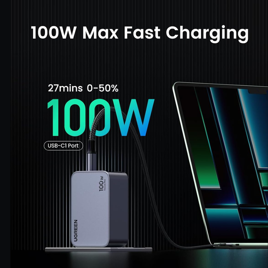 UGREEN 100W USB-C charging adapter shown connected to a laptop on a dark background with promotional text reading '100W Max Fast Charging' and '27mins 0-50% 100W USB-C1 Port'.