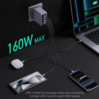 A 160W USB-C multi-device charger plugged into a wall on a dark desk, shown charging a laptop, a smartphone, and earbud case. Large text reads '160W MAX' and a caption explains charging multiple devices from a single USB-C port.