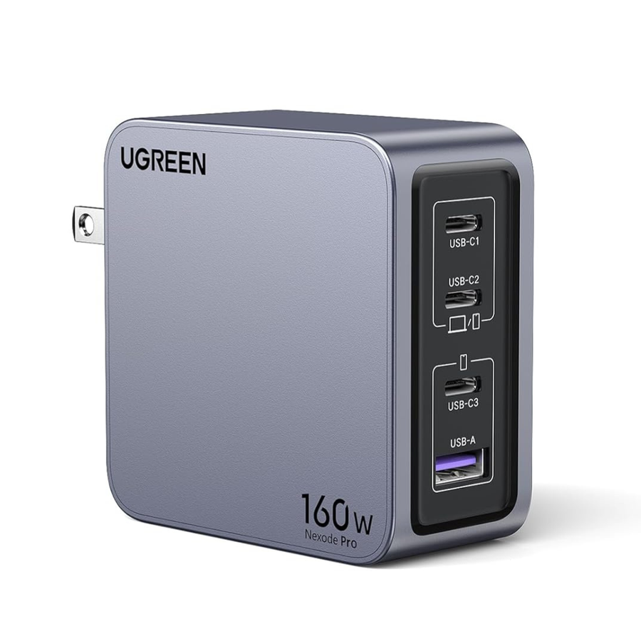 UGREEN 160W Ncnode Pro square wall charger in a metallic gray finish, featuring a black port panel on the side with four USB-C ports and a USB-A port.