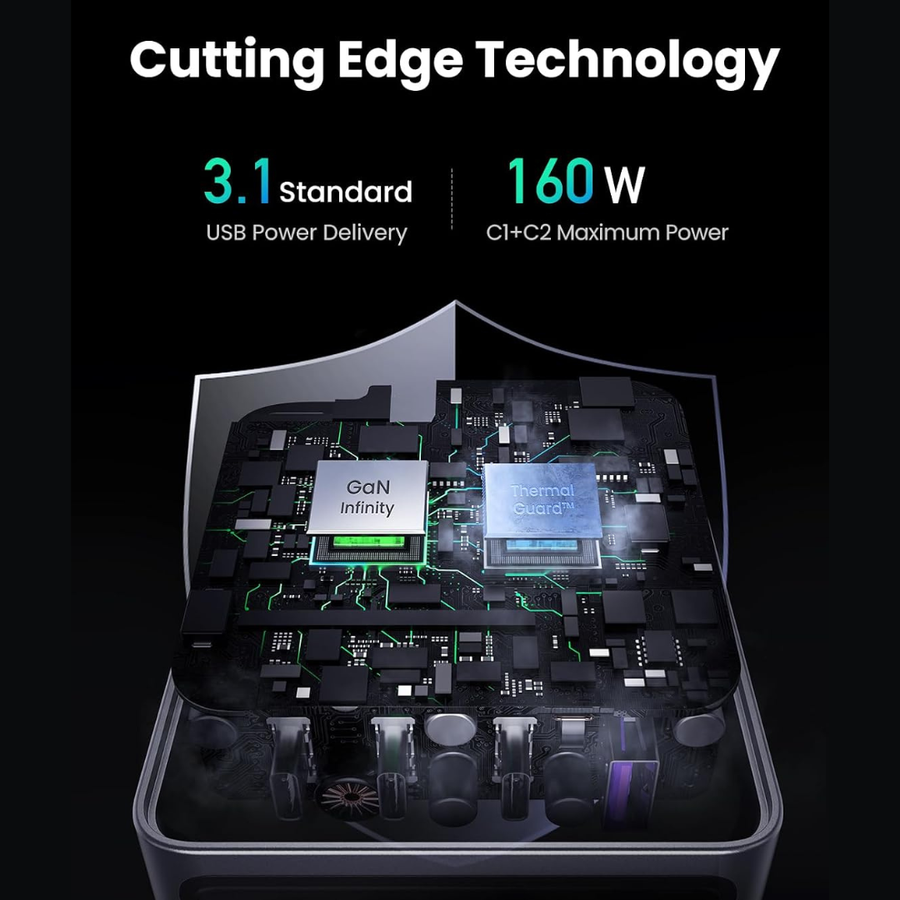 Promotional graphic for a high-performance electronic device showing a transparent shield-like casing with internal circuitry and two chips labeled GaN Infinity and Thermal Design. Text at the top reads 'Cutting Edge Technology' with '3.