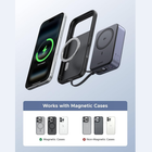 A wireless charging case set shown on a light blue gradient background, including a black magnetic ring case, a silver-and-black case with a phone inserted, and a dark portable charger. Text at the bottom reads 'Works with Magnetic Cases' with small example phone images labeled Magnetic Cases and Non-Magnetic Cases.