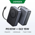 UGREEN portable charger shown in two views: one side displaying the Qi2 magnetic wireless charging pad and USB-C connector, and the other showing the rear with USB-A ports. The text below reads 'PD30W + Qi2 15W' and lists features like magnetic, 20000mAh, and Type C cable.